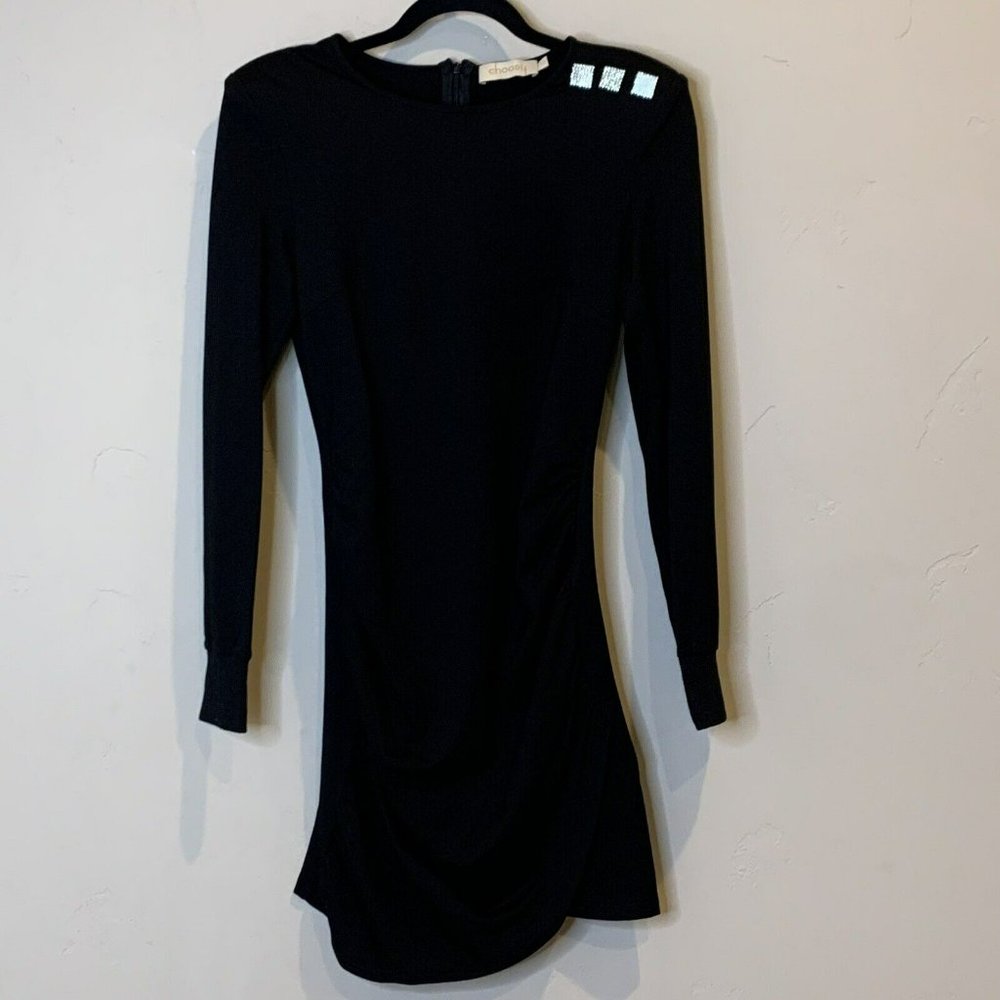 Choosy The Blair Women's Size XS Black Bodycon Shoulder Pads Ruching Bling Dress